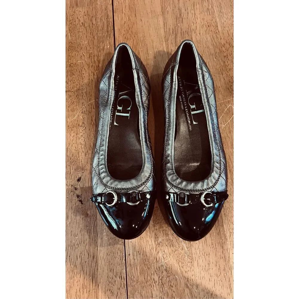 AGL Attilio Giusti Leombruni Gold Black Leather Ballet SHoes Flats Size EU 36 US